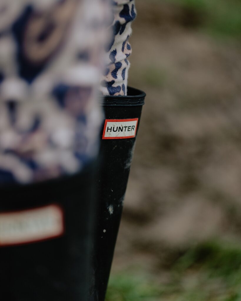 A close up of a pair of Hunter wellington boots